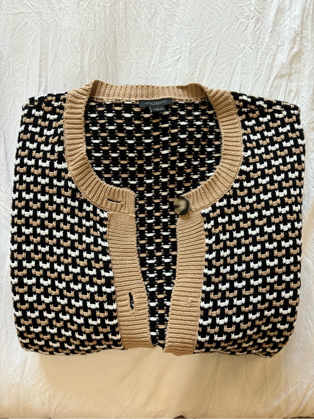 Ann Taylor Black and Cream Patterned Sweater Cardigan with Tan Trim